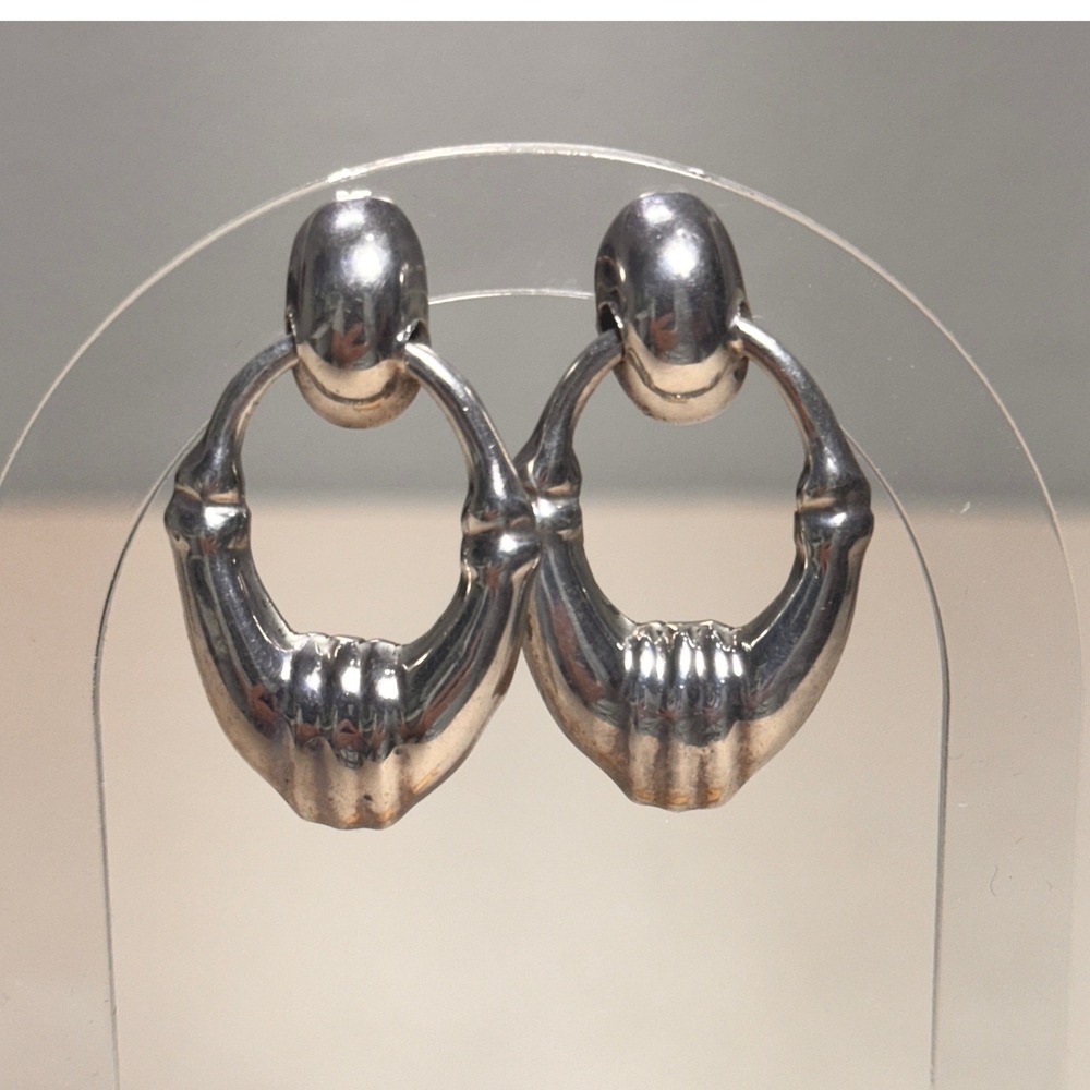 Taxco Mexico Sterling Silver 925 Ribbed Door Knocker Drop Earrings TB-96 13g GUC